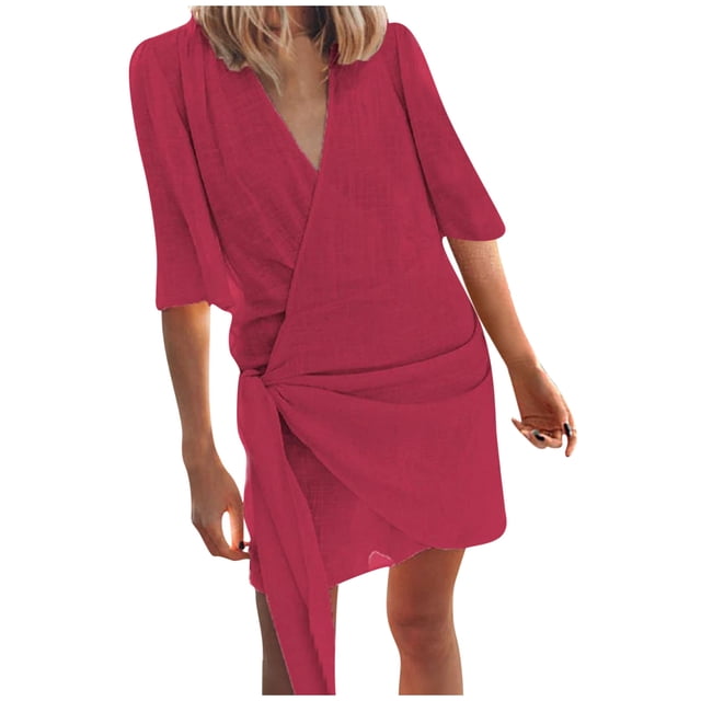 Gspmoly Robe pour Femmes, Robe d'Été à la Mode pour Femmes, Tempérament, à Lacets, Col en V, Décontractée, Ample, en Lin, Couleur Unie, Robe de Cocktail pour Femmes jusqu'à 60 % de Rabais