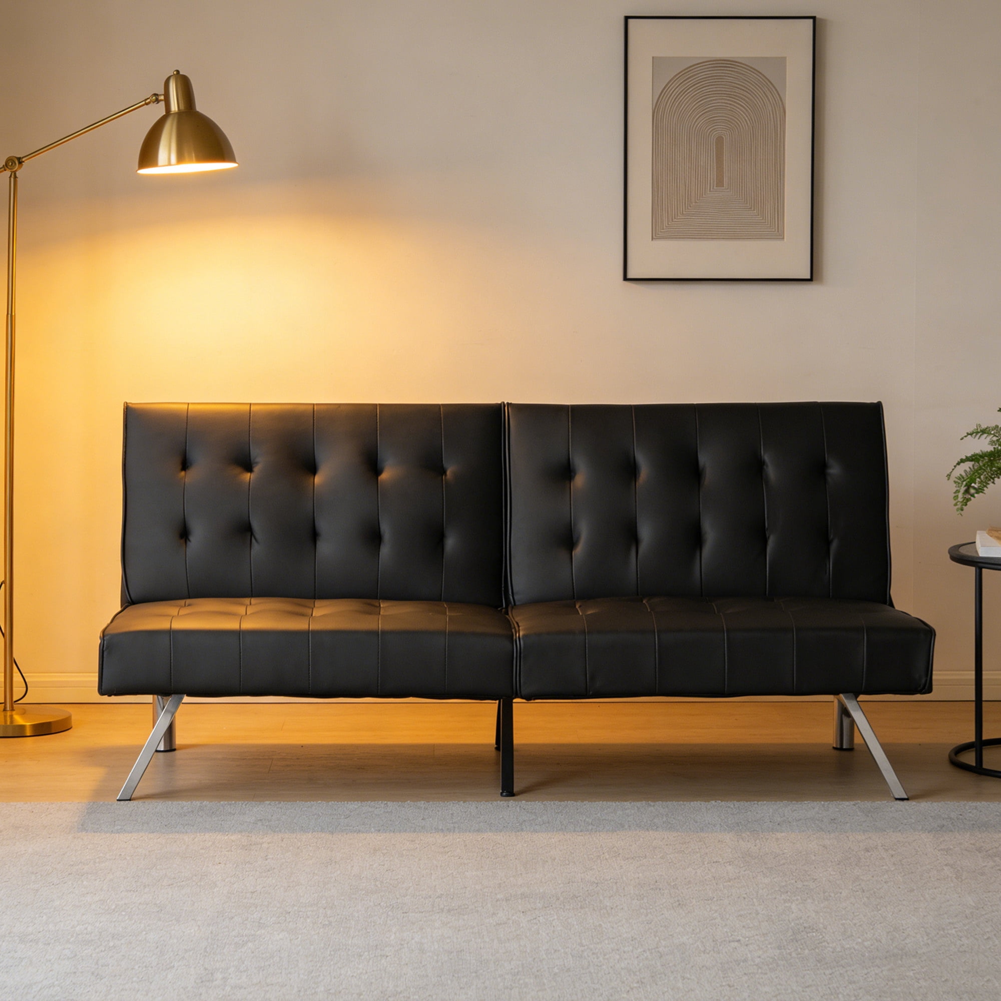 Aukfa 67" Tufted Futon Convertible Sofa Bed Separate Back Chaise Couch for Home Office, Leather, Black