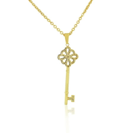 EDFORCE Stainless Steel Yellow Gold-Tone CZ Large Statement Key Pendant Necklace