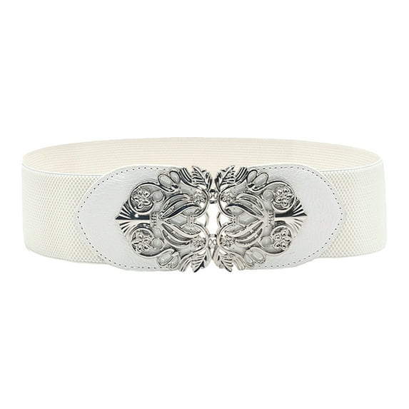 STEADY Women Fashion Vintage Wide Elastic Stretch Buckle Waist Belt Waistband White
