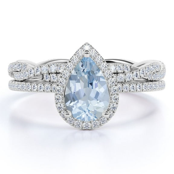 JeenMata Art Deco 1.25 Carat Pear Cut Created Aquamarine and Moissanite Infinity Wedding Ring Set in 18k White Gold over Silver