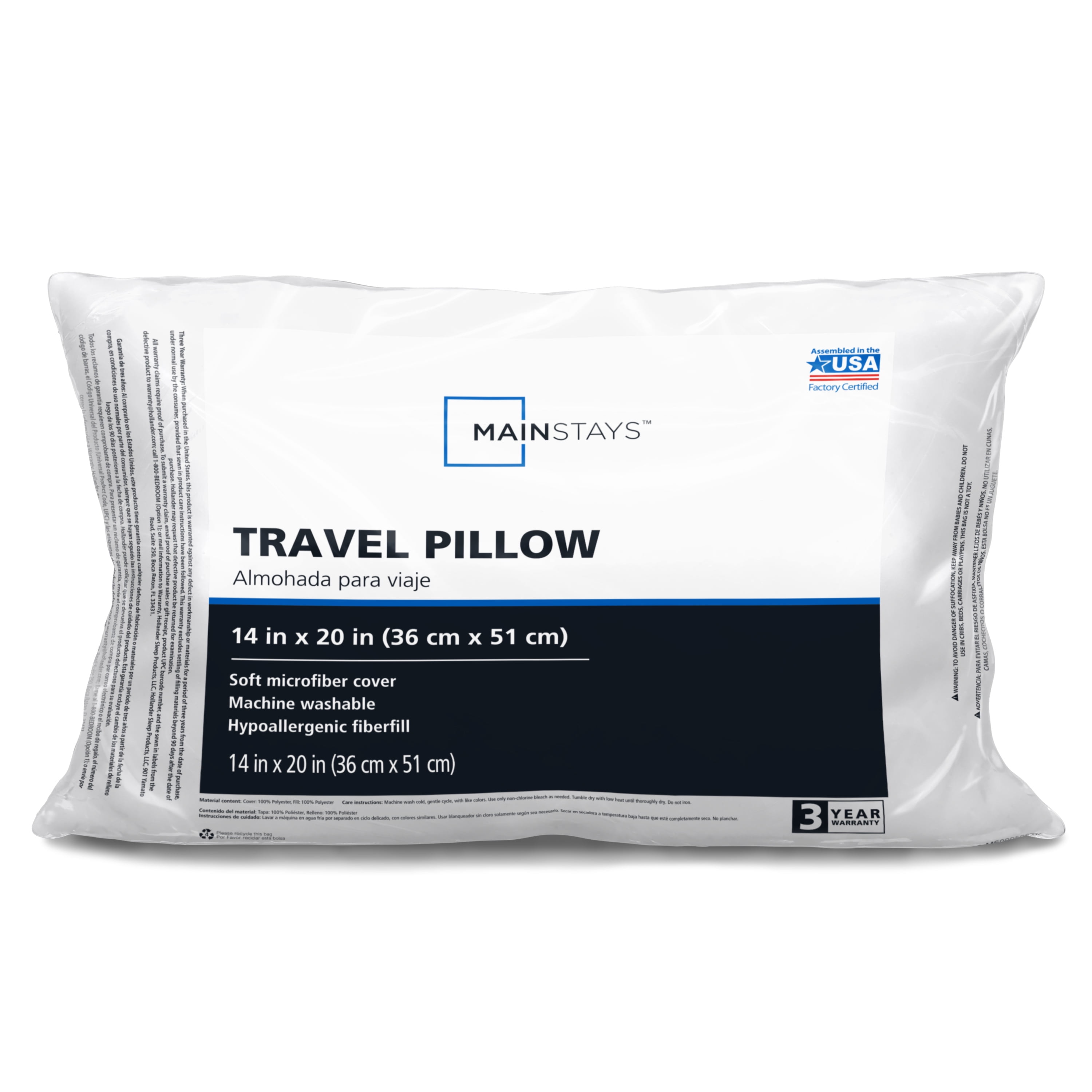 Mainstays 100 Polyester Travel Pillow 14" x 20" in White