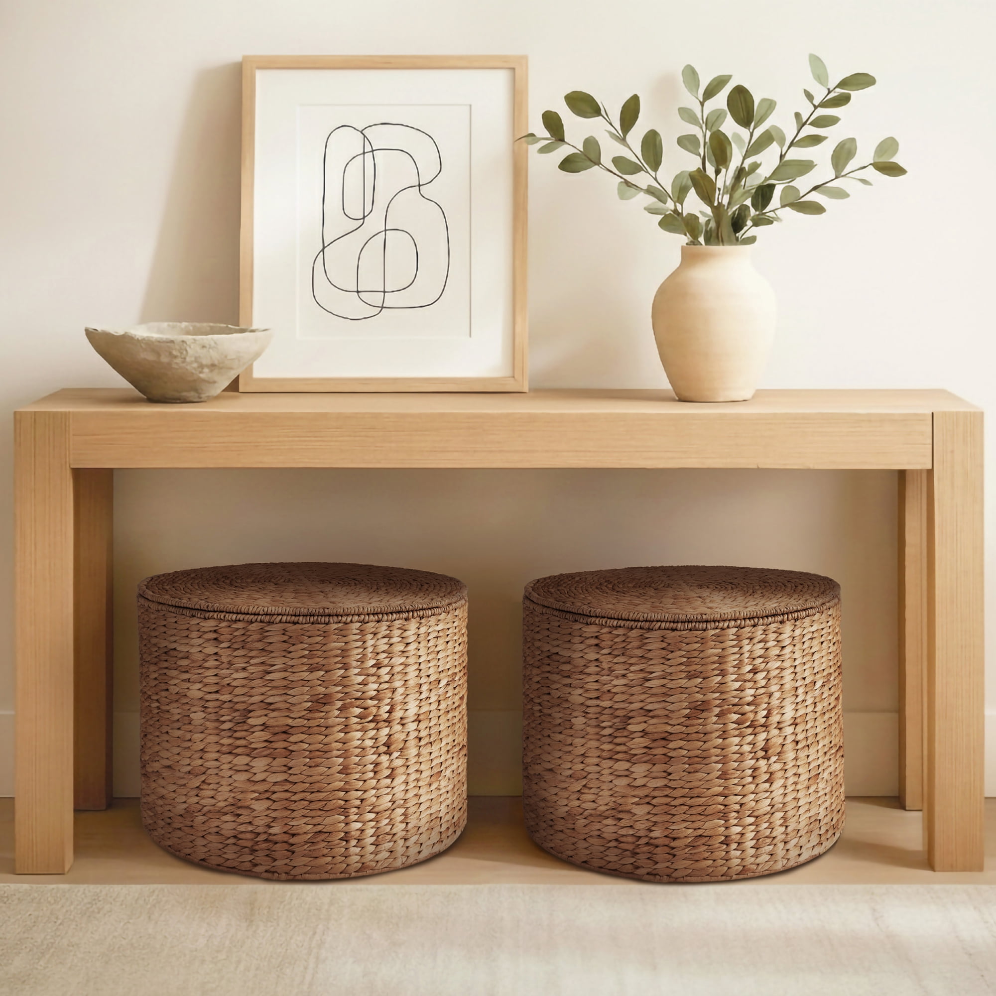 Best Choice Products Large Round Storage Ottoman W/ Lid, Handwoven Water Hyacinth Footstool - Chestnut