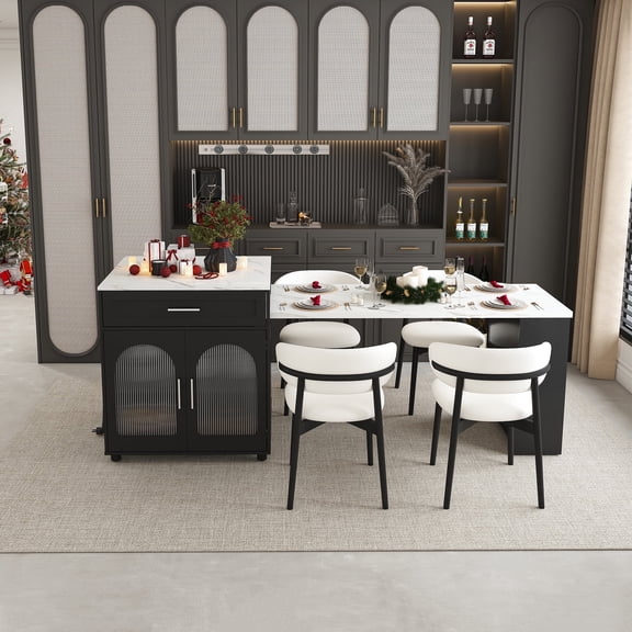 CATLK 80" Expandable Kitchen Island with Dining Table and Power Outlet, Large Mobile Kitchen Storage Islands Cart with Cabinet & 2 Drawers for Kitchen, Dining Room, Black