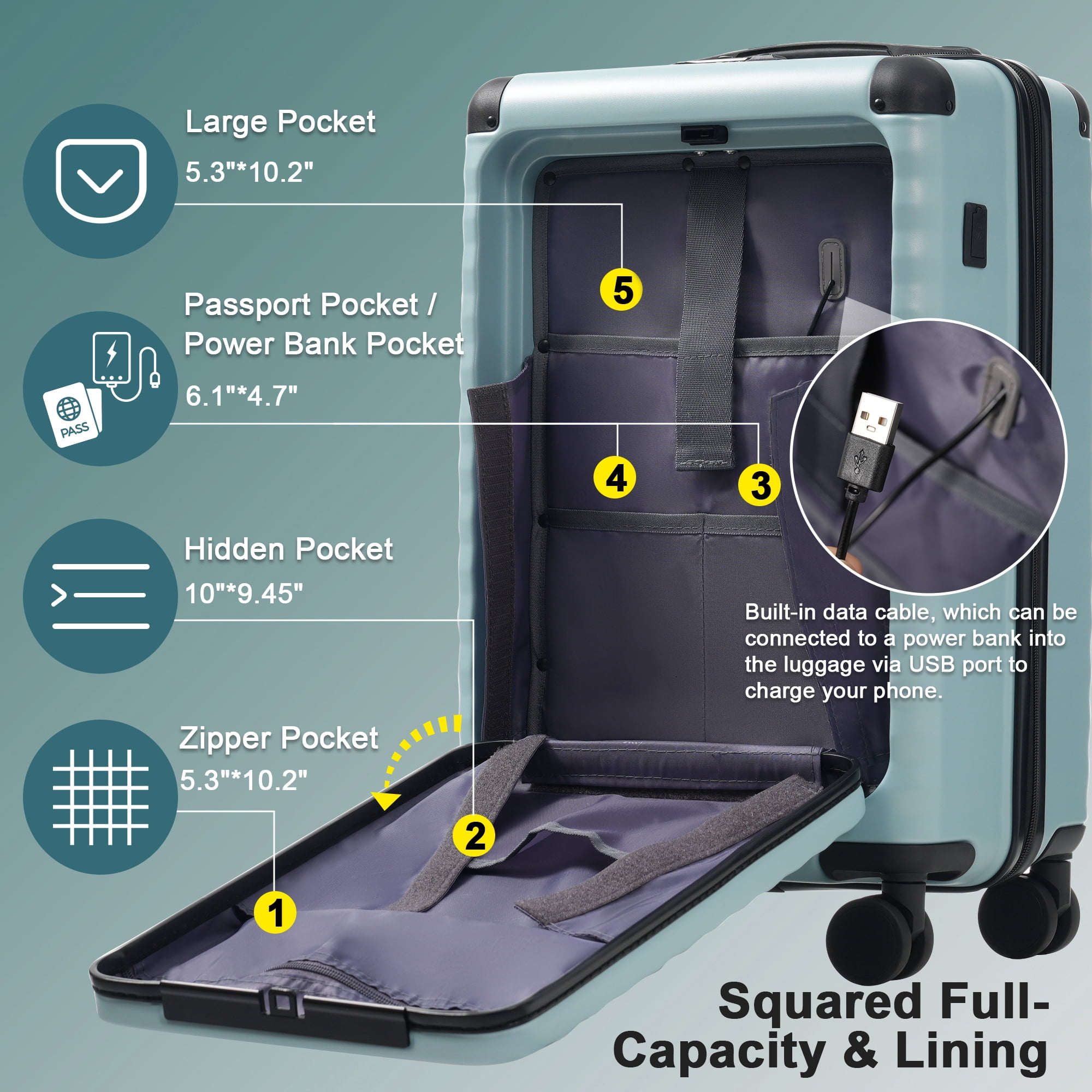 Euroco 5 Piece Luggage Sets Front Opening,Expandable Hardshell Suitcase with Spinner Wheels,2 Bags and TSA Lock,Lightweight Carry on Luggage with USB Port and Cup Holder(20"/24"/28"),Light Blue