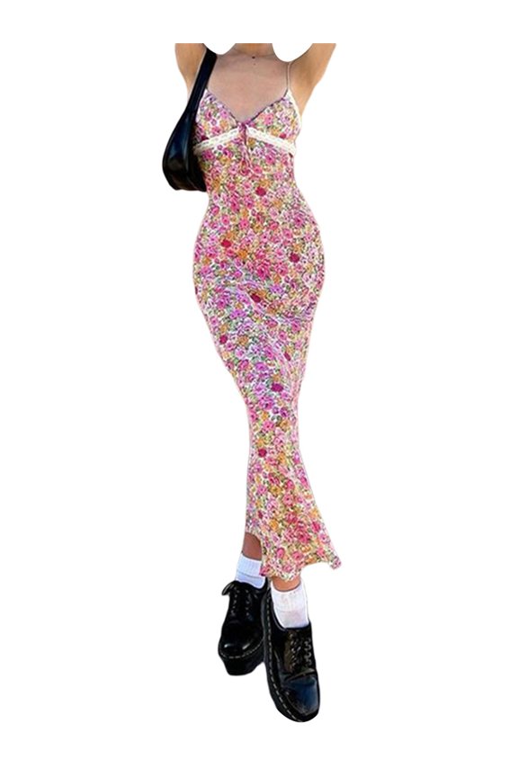 Women Sleeveless Dress with Flower Pattern, Lace Patchwork V Neck Long Type