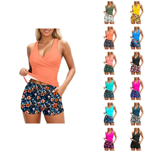 Tankini Swimsuits for Women 2026 Trendy Modest Deep V Neck Crossover Top with Swim Shorts Two Piece Bathing Suits Woman