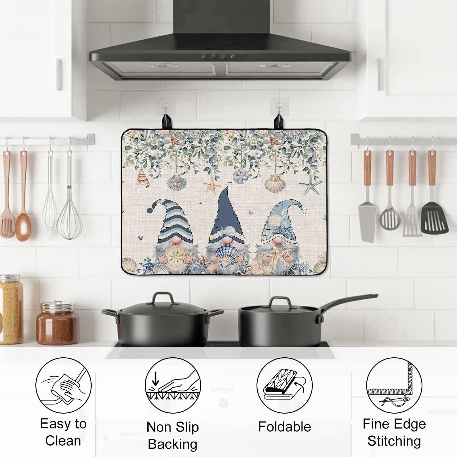 Blue Gnomes Coastal Stove Top Cover for Electric Stove, Heat-proof & Non Slip Glass Top Stove Cover Protector, Summer Beach Eucalyptus Leaves Rustic Kitchen Flat Cooktop Rubber Mat 31x24 Inches