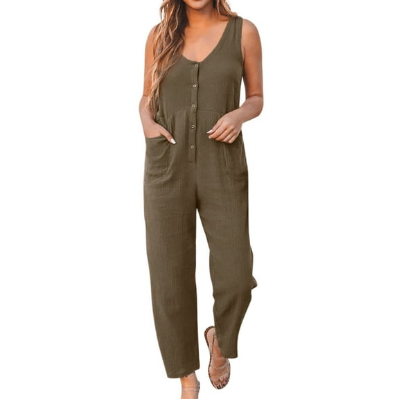 Wycnly Womens Jumpsuits Button Down Pocket Long Jumpsuits Overalls Casual Solid V-Neck Sleeveless Maxi Summer Rompers Green s