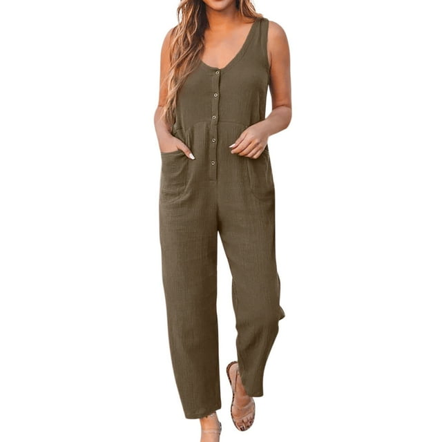 Femmes Été Casual Combinaisons Sans Manches Simple Bouton V Cou Recadré Conique Pants Salon Rompers avec Poches