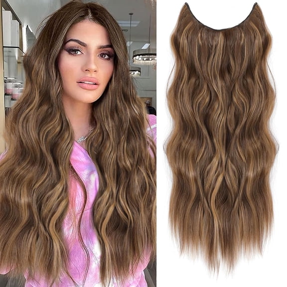 Halo Hair Extensions 24 Inch Invisible Wire Hair Extensions Adjustable Long Wavy Hairpiece Synthetic Upgrade 4 Secure Clips in Hairpieces 24 Inch,Medium Brown Mixed Golden Brown