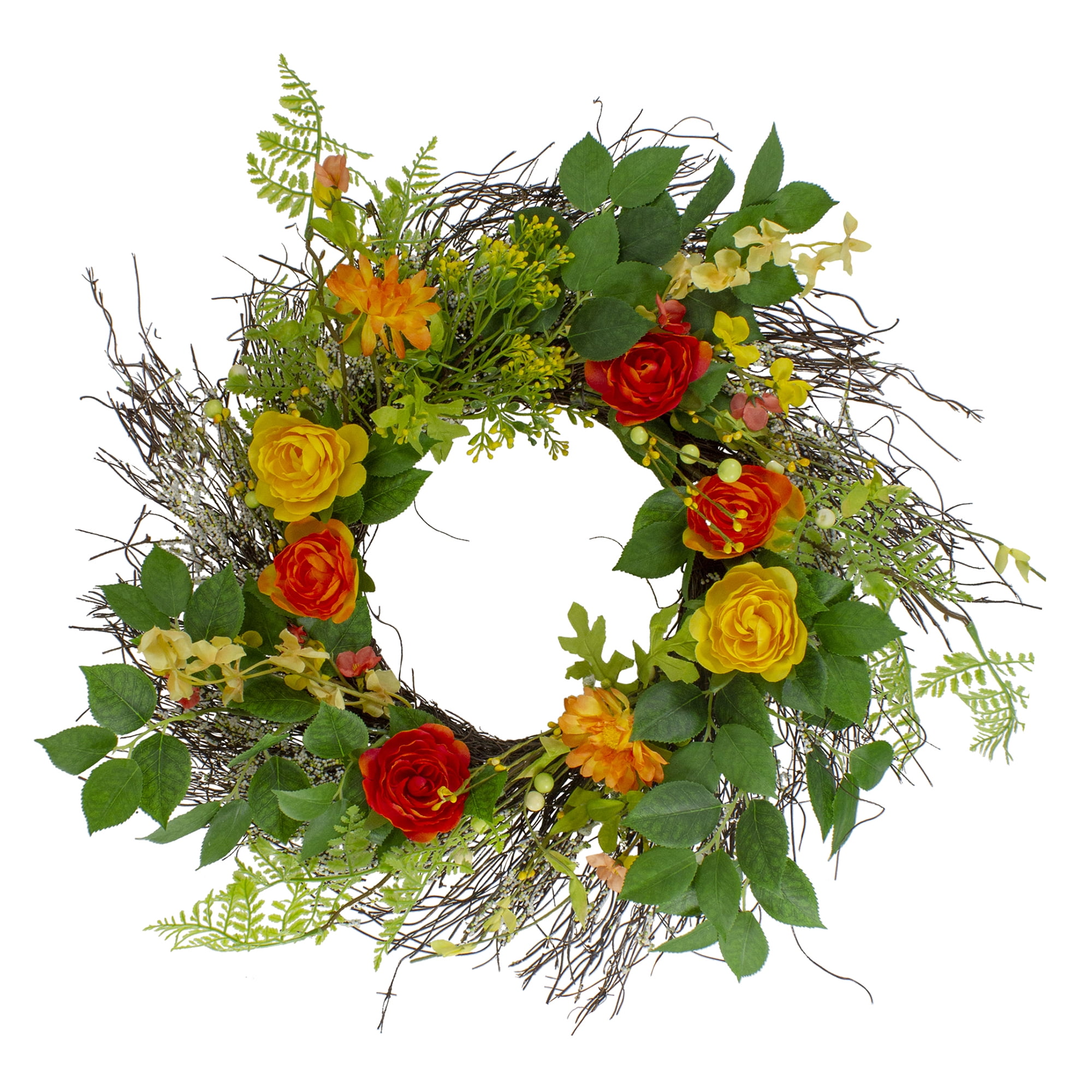 Bright Pink and Orange Florals on a Moss 12 inch Wreath