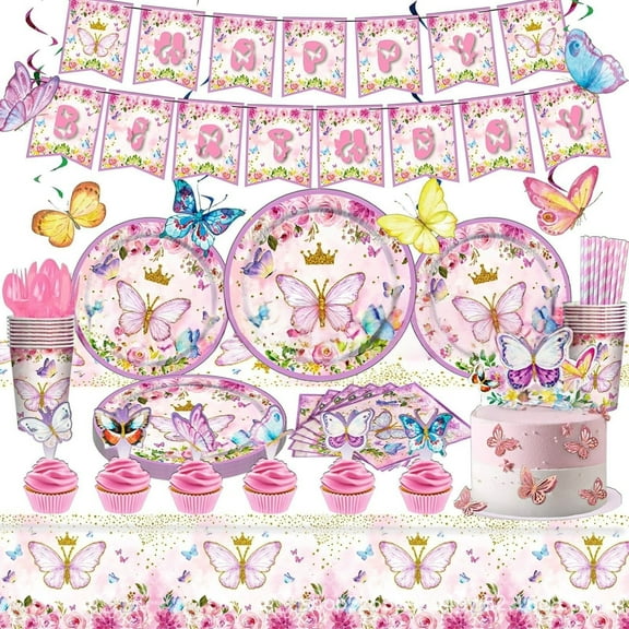 Butterfly birthday party decoration supplies,Butterfly party supplies include Butterfly tablecloths, Cake Stick,banners, plates, napkins, cups, Butterfly party decorations for girls and kids