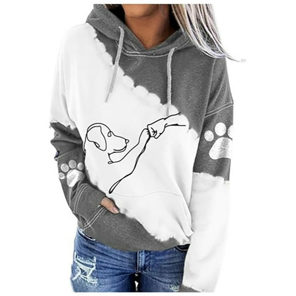 Bibifish Womens Hoodies Dog & Paw Print Long Sleeve Hoodies With Side Pocket Loose Fit Casual Animal Themed Hangouts Playful Trendy Hoodie