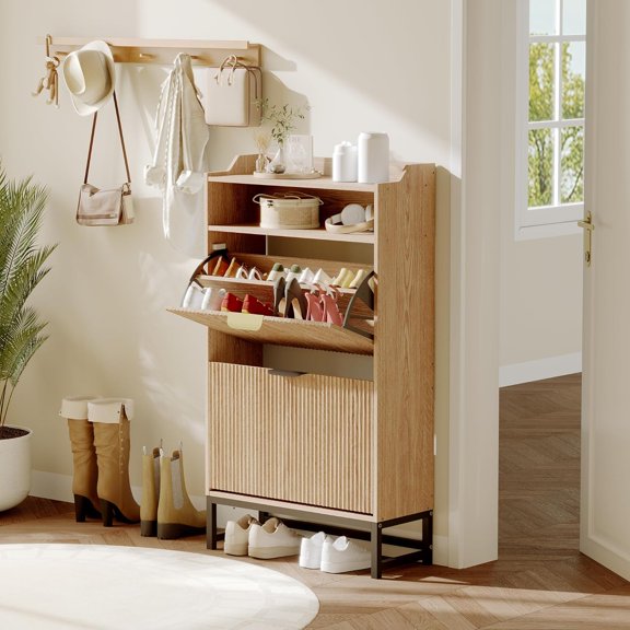 Fluted Shoe Cabinet Storage for Entryway Wood Shoe Rack with 2 Flip Drawers and Open Shelf Modern Entryway Organizer for Foyer/Hallway/Entrance -Natural
