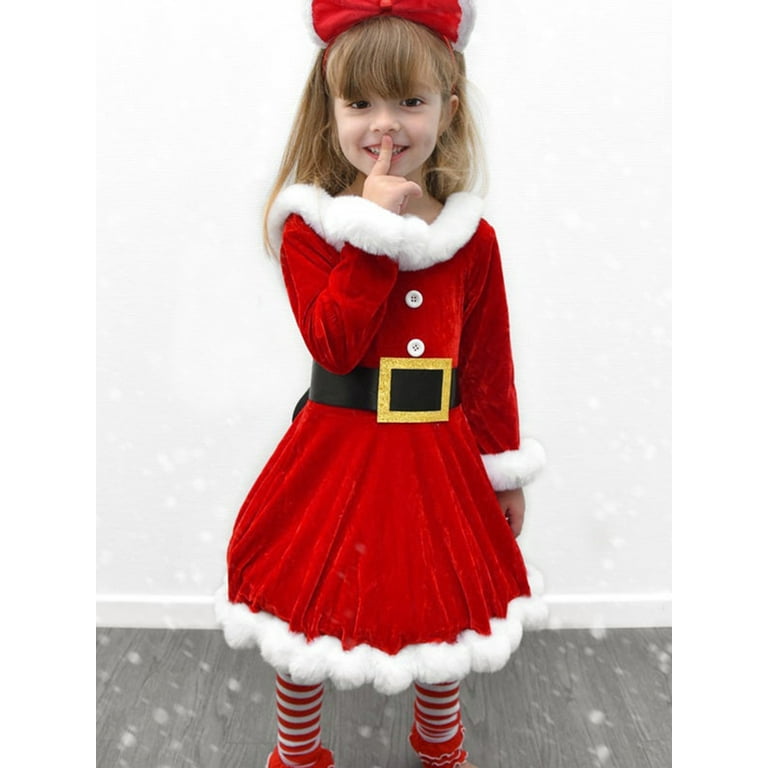 Christmas Kids Toddler Baby Girl Santa Mrs. Claus Costume Long Sleeve Plush Trim Princess Dress with Belt and Headband