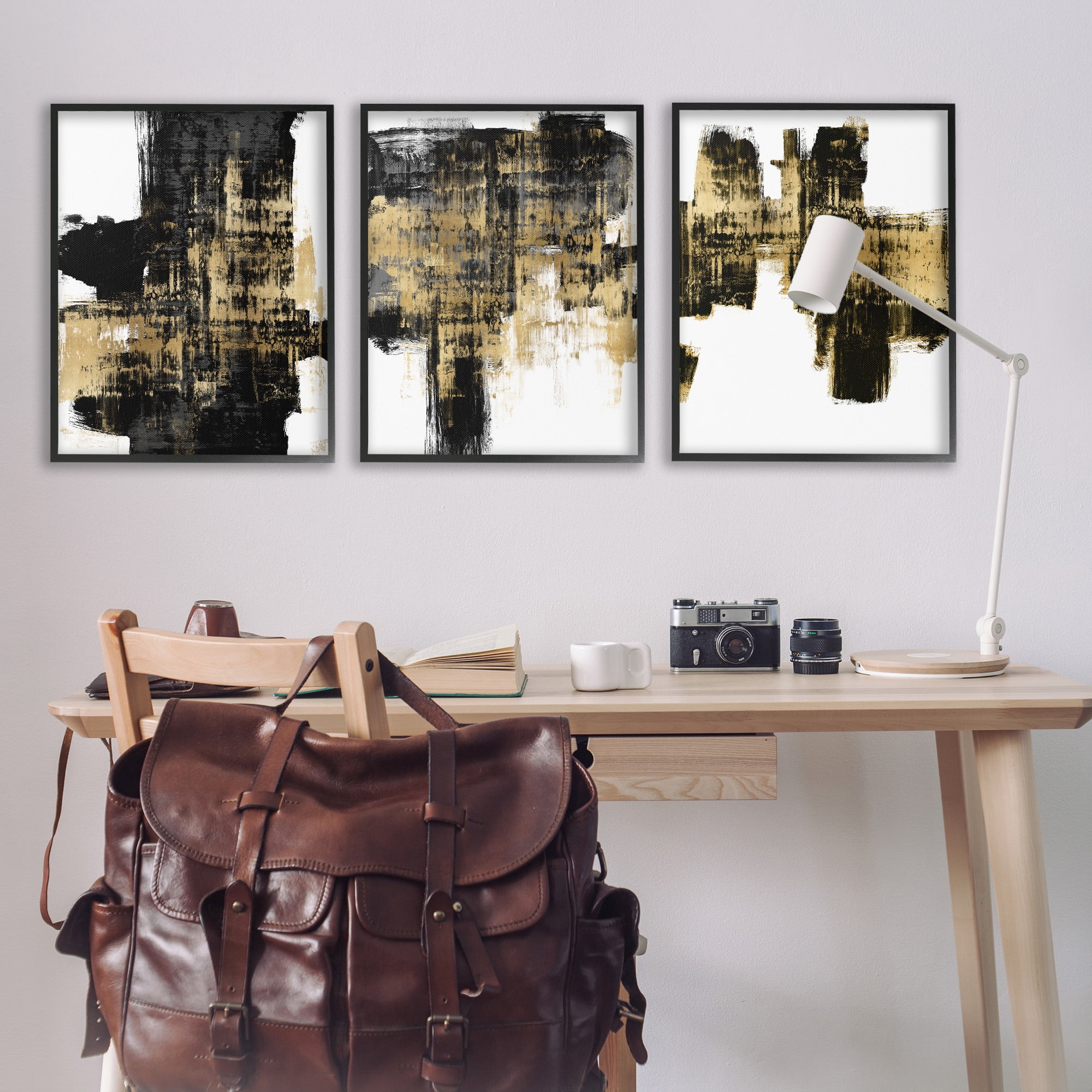 Stupell Industries Bold Black Brushstrokes with Gold Abstract Painting Black Framed Art Print Wall Art, 24 x 30, Set of 3