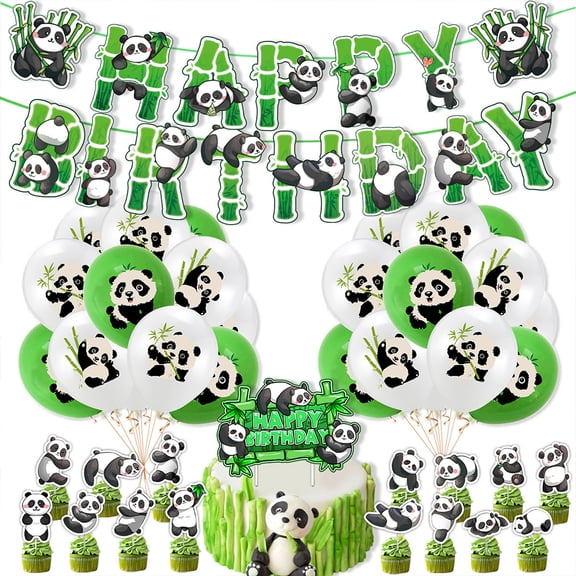 Cute Black White Panda Theme Party Kids Birthday Party Decorations Supplies Set | Balloon Banner Cake Toppers