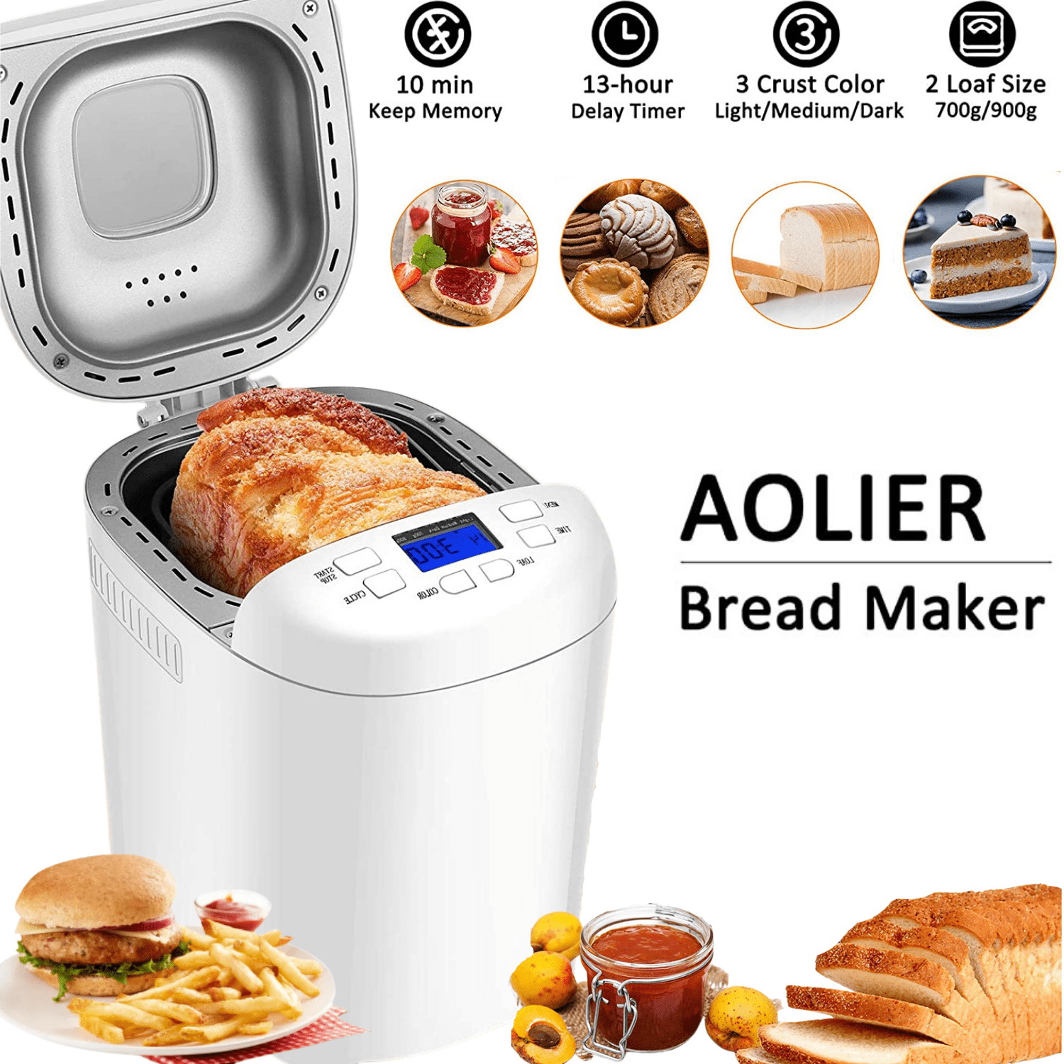 AOLIER Bread Machine 2LB 14-in-1 Bread Maker Machine Reserve & Keep Warm 2 Loaf 