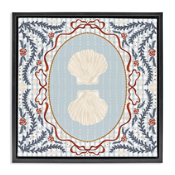 Stupell Industries French Country Shells Portrait on Gingham Black Floating Frame Canvas Art, 18 x 18, by Vero Illustrates