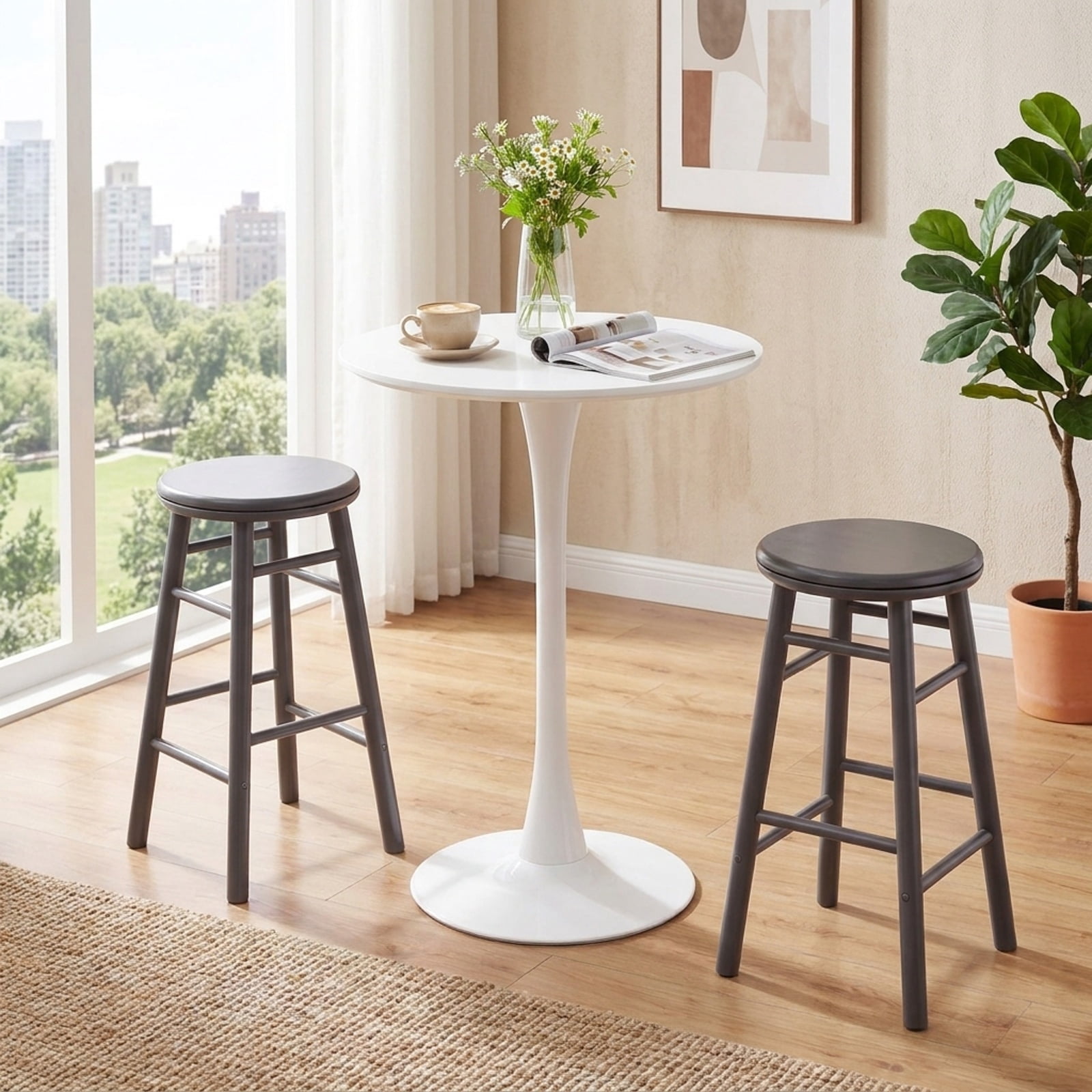 Furnibear 24 Inch Gray Swivel Bar Stools Set of 2 Rubber Wood Counter Chairs with Footrests and Crossbars