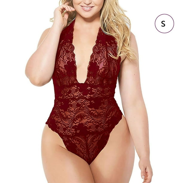 Body de encaje sexy para mujer Ropa interior Floral Deep V Halter Ropa de dormir Ropa de dormir Inevent XX000142-05