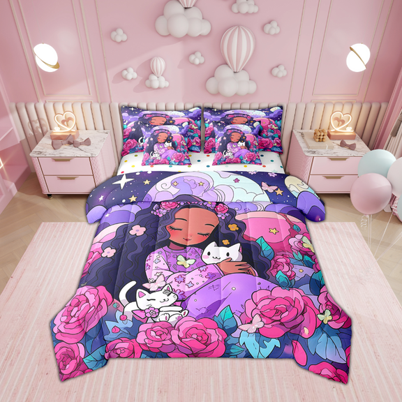 Afro Comforter Set 7 Piece Bed in a Bag Twin,American African Princess Bedding Sets Black Hair Cat Flowers Sheet Set with Comforter