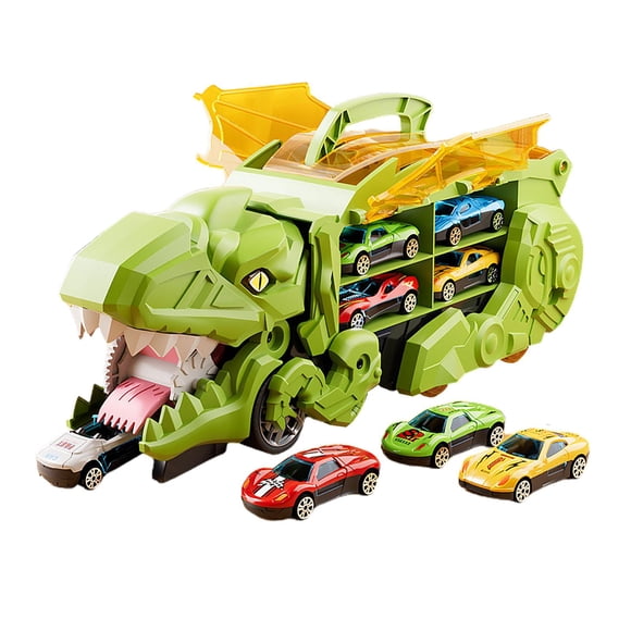 Camión de transporte de dinosaurios, juguetes con figuras de dinosaurios, divertido camión traga dinosaurios. verde