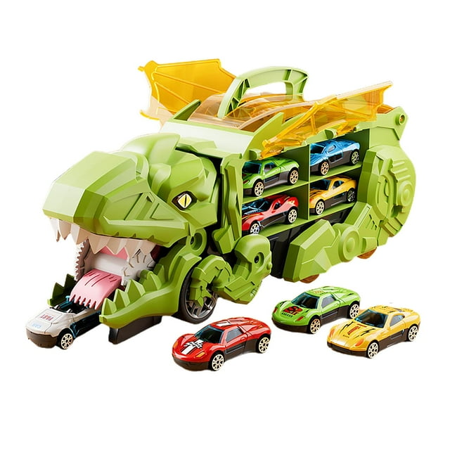 Camión transportador de dinosaurios, camión traga dinosaurios, pista multicapa, juguete divertido verde