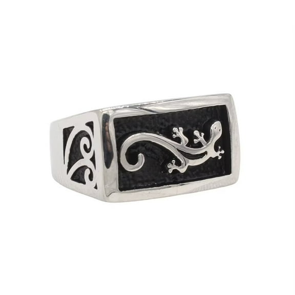 HIJONES Men's Stainless Steel Punk Rectangle Lizard Engraved Signet Rings Gothic Animal Titanium Biker Band Silver Size 8