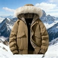 thumbnail image 2 of Zedker Mens Lightweight Puffer Jacket Winter Plaid Lined Down Coat Insulated Windproof Full Zip Jacket with Faux Fur Hood Brown L, 2 of 6