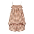 thumbnail image 5 of Hueook Gingham Pajamas for Women Set Fall 2 Piece Outfits Plaid Two-Piece Pajama Camisole Top Wide Leg Shorts Khaki XL, 5 of 9