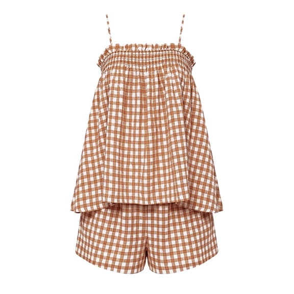 Two-Piece Pajama Set for Women Camisole Sleepwear Top with Shorts Summer Plaid Pj Set Khaki S