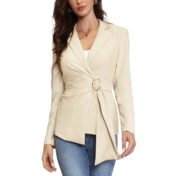 INSPIRE CHIC Casual Blazer for Women's Lapel Buckle Tie Waist Long Sleeve Work Office Wrap Suit Jackets XS Apricot