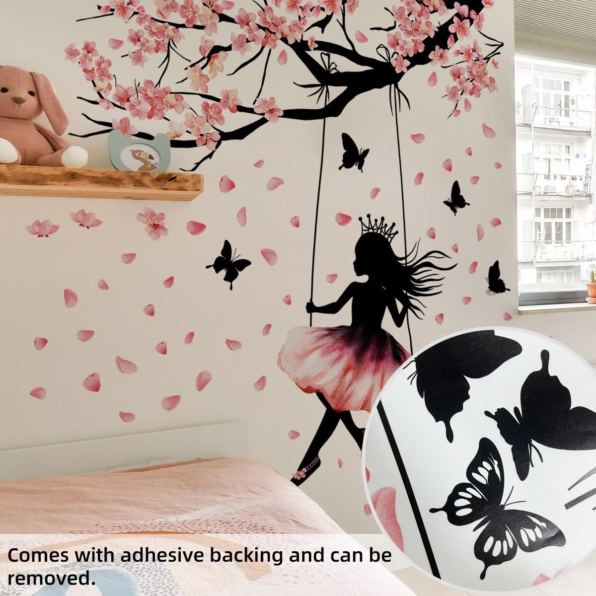 Cherry Blossom Branch Wall Decals Flower wall sticker Swing Butterfly Girl Wall Stickers Flower Walls Decal Peel and Stick Walls Murals Decor for Girl Princess Bedroom Living Room (Pink Flower Girl)
