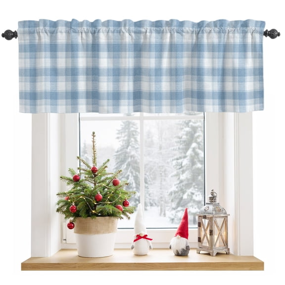 Blue White Gingham Light Filtering Valance Curtains, Cottagecore Plaid Grid Rod Pocket Short Window Valance for Kitchen Bathroom Windows 1 Panel 42"x12"
