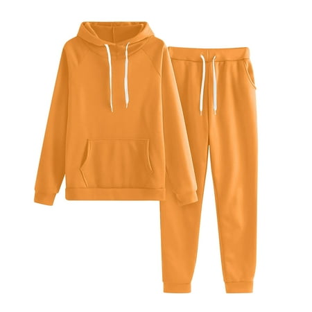 LMKIHUSA Unisex Sweat Sets 2 Piece Outfits Fall Winter Sweatsuits for Women Set Solid Color Hoodie Sports Pants Tracksuits Trendy 2024 Casual Jogger Set with Pockets Yellow XXL