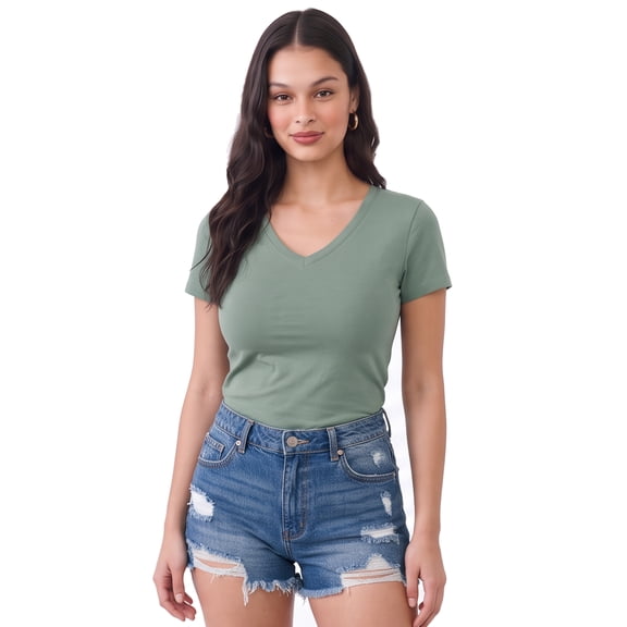 Emmalise Women's Basic Short Sleeve V-Neck T-Shirt, Dusty Sage