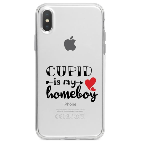 DistinctInk Clear Shockproof Hybrid Case for iPhone X / XS (5.8" Screen) - TPU Bumper Acrylic Back Tempered Glass Screen Protector - Cupid is My Homeboy - Heart - Valentine