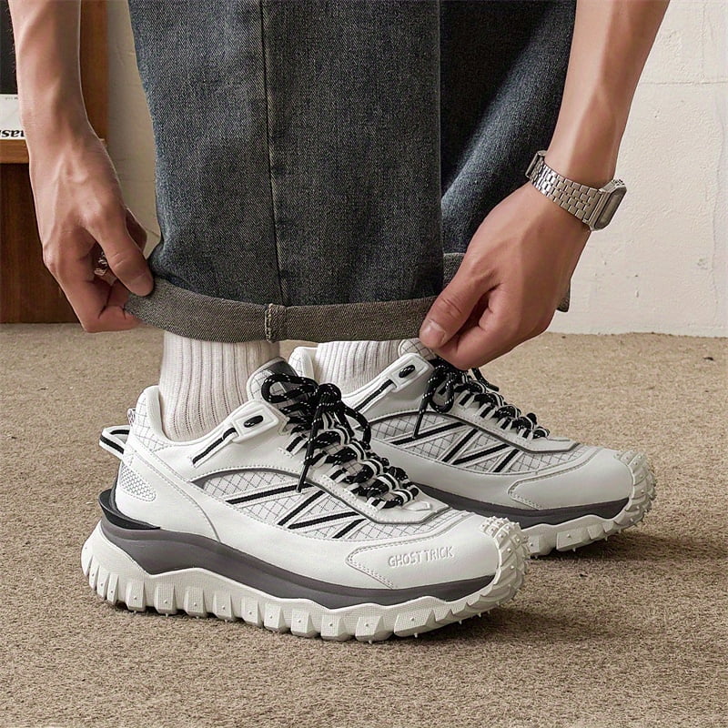Men'S Chunky Platform Sneakers - Slip-On/Lace-Up Closure, Cushioned PVC Sole, All-Season Outdoor Hiking & Casual Shoes in White/Gray/Black colorway - for Everyday, Gym, Travel - Breathable Fabric
