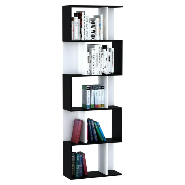 HOMCOM Geometric Bookcase, 5-Tier S Shaped Bookshelf, Black and White