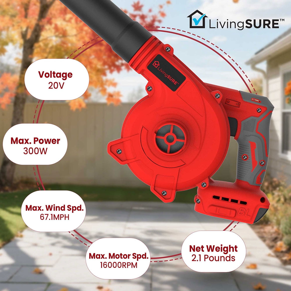 Cordless Compact Leaf Blower Vacuum by LivingSURETM Lightweight Electric Handheld Blower for Lawn and Leaf Care, Patio Cleaning, Dust Cleaner - Battery Not Included