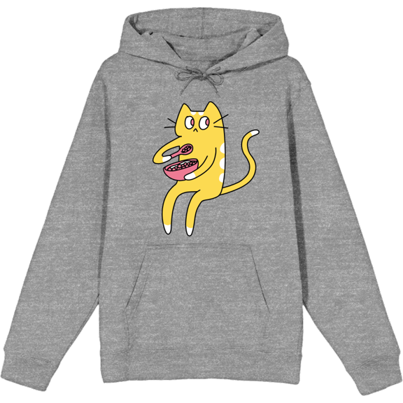 Derpy Kitty Cat With Pink Bowl Adult Heather Gray Long Sleeve Hoodie-Medium