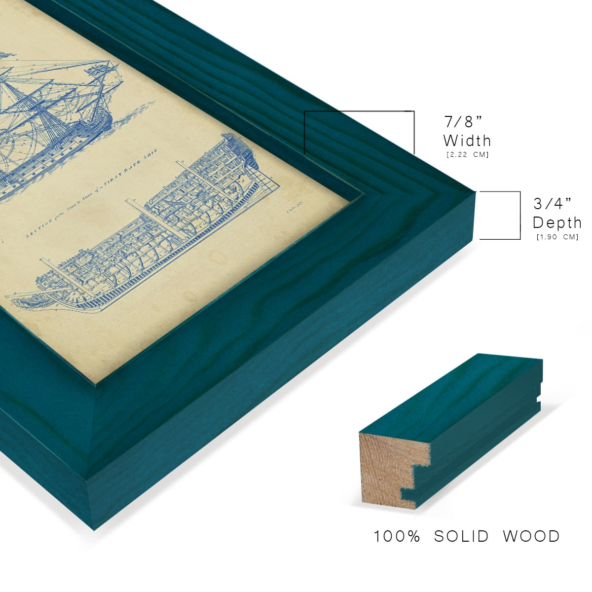 Vintage Ship Blueprint -Framed Print w/glass-Ocean Blue