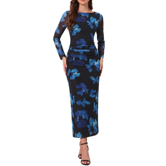 INSPIRE CHIC Women's Floral Bodycon Dress Long Sleeve Ruched Boat Neck Cocktail Maxi Mesh Dress S Black