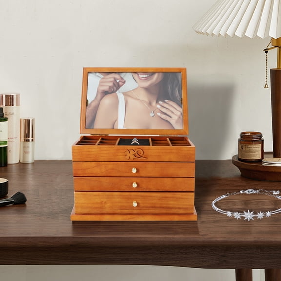 Large Capacity 3 Pull-out Drawers Jewelry Box Desktop Jewelry Cabinet Jewelry Case Sycamore Wood And Flannel 4 Tiers