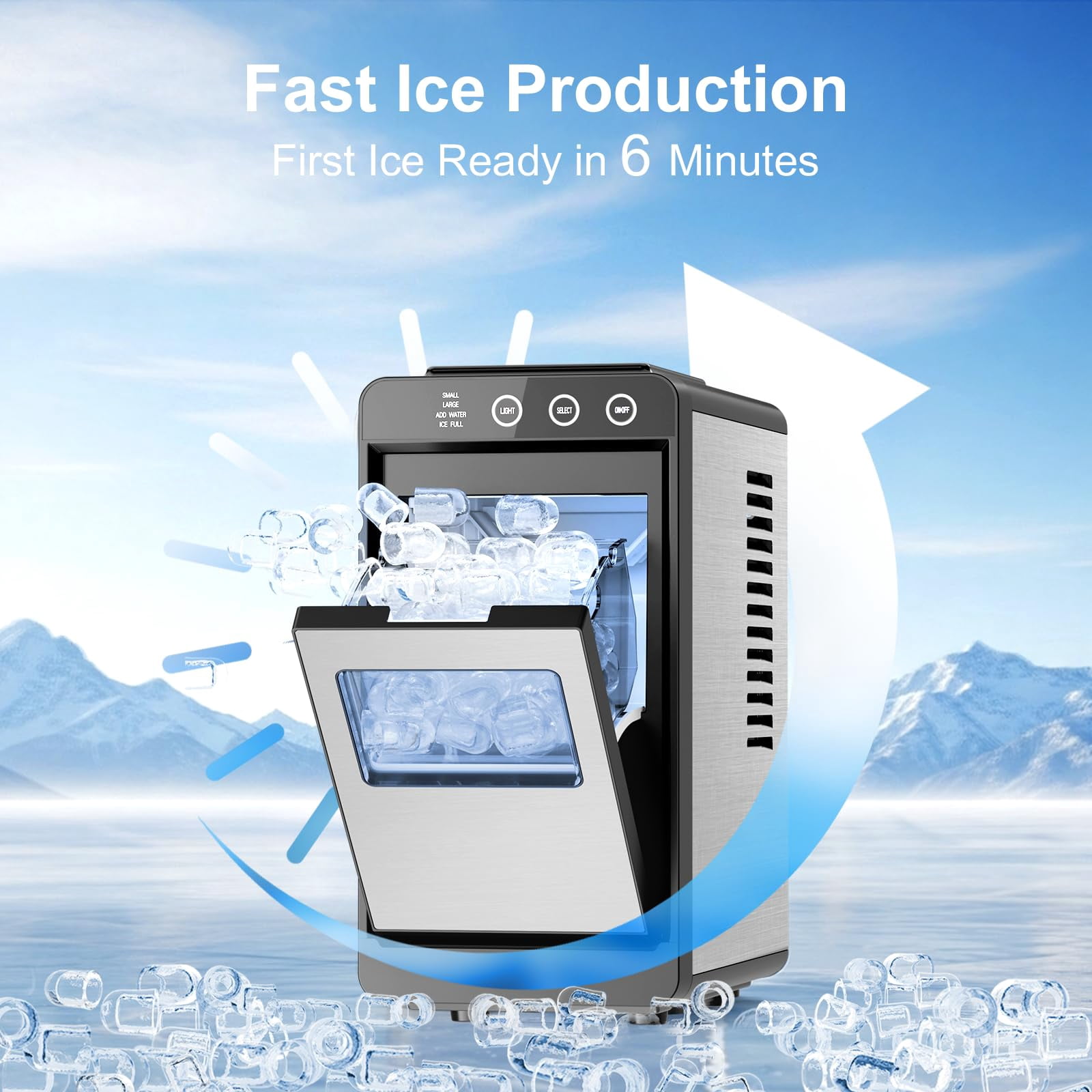 Ice Maker Countertop, 26Lbs/24H Ice Maker with 2 Sizes Bullet Ice, Interior Light, Self-Cleaning, Fast 8 Cubes in 6 Mins, Compact Ice Maker for Kitchen, RV, Personal Use, Stainless Steel