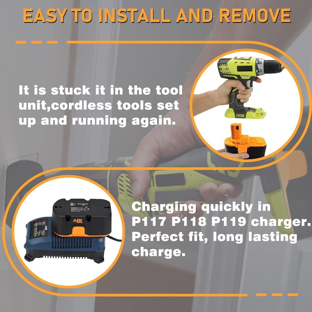 P100 4.8Ah Ni-Mh Replacement Battery Compatible with Ryobi One+ 18V Battery P100 with P117 Charger