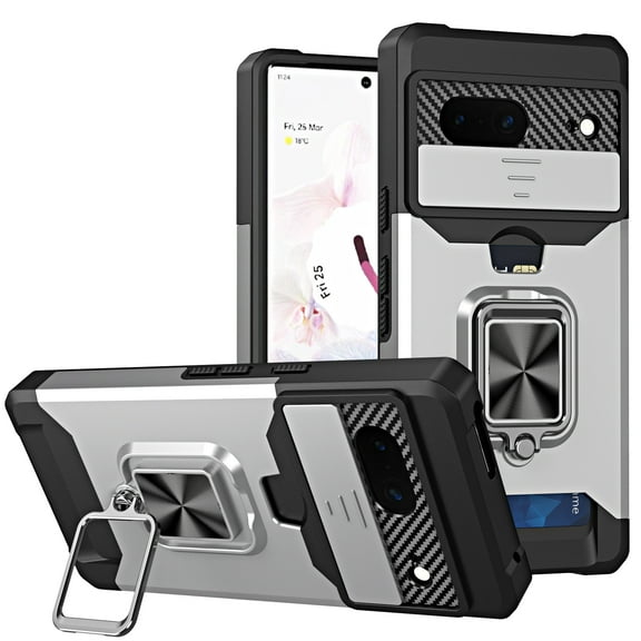 SaniMore Tri-layer Case for Google Pixel 8 6.3" 2023, Rugged PC Shockproof TPU Bumper Slide Window 360° Rotating Kickstand/Holder Card Slots Magnetic Car Mount Heavy Duty Protective Cover, Silver