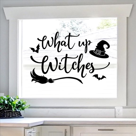 What Up Witches with Witch Broom Bats and Witch Hat Vinyl Lettering Wall Decal Halloween Decals Size: 16.5"H x 26"L - Color:  Black